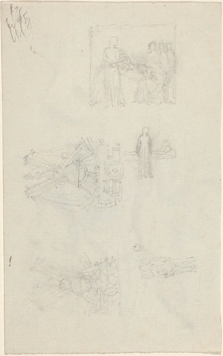 Studies of a Sickbed and Decorations for the Façade of Buckingham Palace [recto and verso] by John Flaxman, drawing, 1820-1826