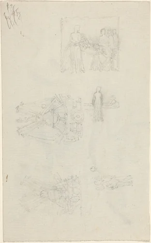 Studies of a Sickbed and Decorations for the Façade of Buckingham Palace [recto and verso] by John Flaxman, drawing, 1820-1826