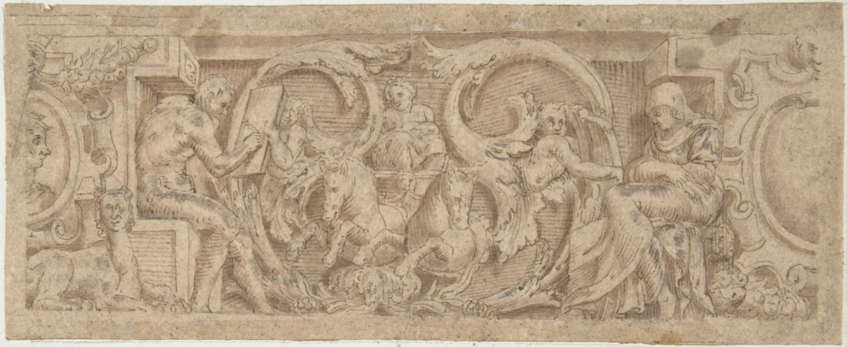 Figures, Horses, and Sphinx Entwined in Foliage and Strapwork by anonymous, drawing, 1800-1900