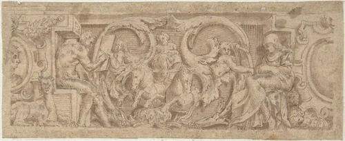Figures, Horses, and Sphinx Entwined in Foliage and Strapwork by anonymous, drawing, 1800-1900