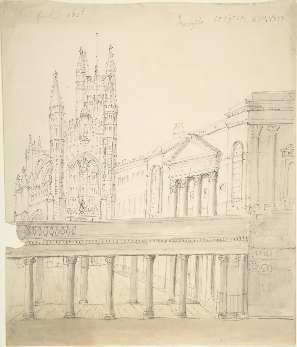 View of the Abbey and Great Pump Room at Bath, Through the Colonnade Added by Thomas Baldwin, 1786-9 by anonymous, drawing, 1800-1900