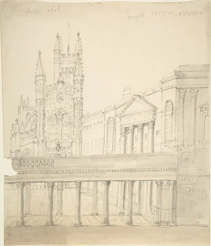 View of the Abbey and Great Pump Room at Bath, Through the Colonnade Added by Thomas Baldwin, 1786-9 by anonymous, drawing, 1800-1900