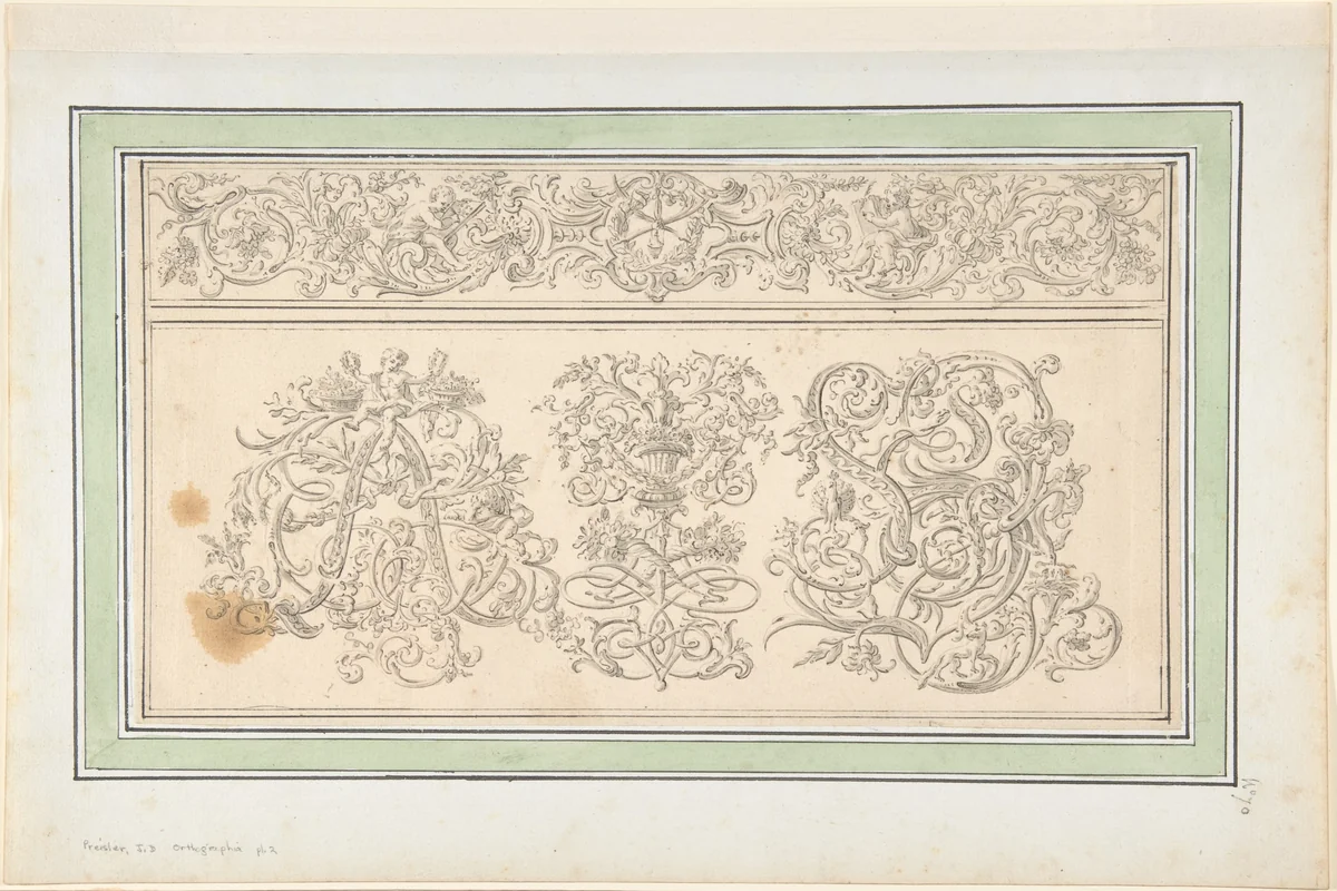 Design for plate 2, from "Orthographia" by Johann Daniel Preissler, drawing, 1680-1737
