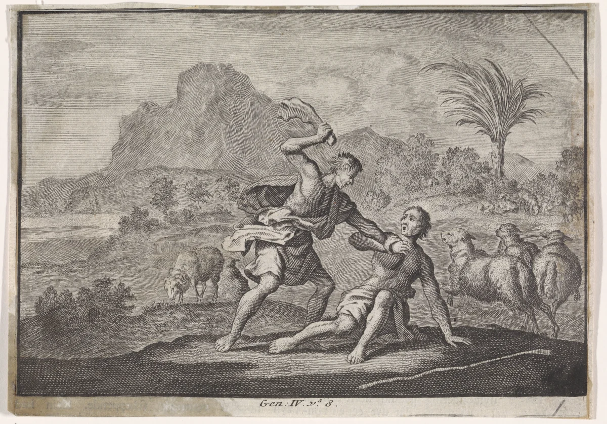 Kaïn doodt Abel by Jan Luyken, print, 1703-1762