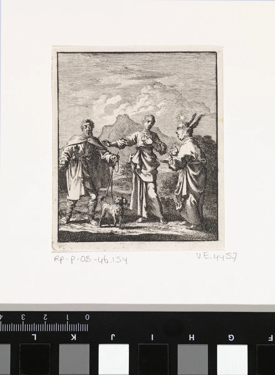 Gepersonifieerde ziel in gesprek met het Vlees en een blinde by Jan Luyken, print, 1714