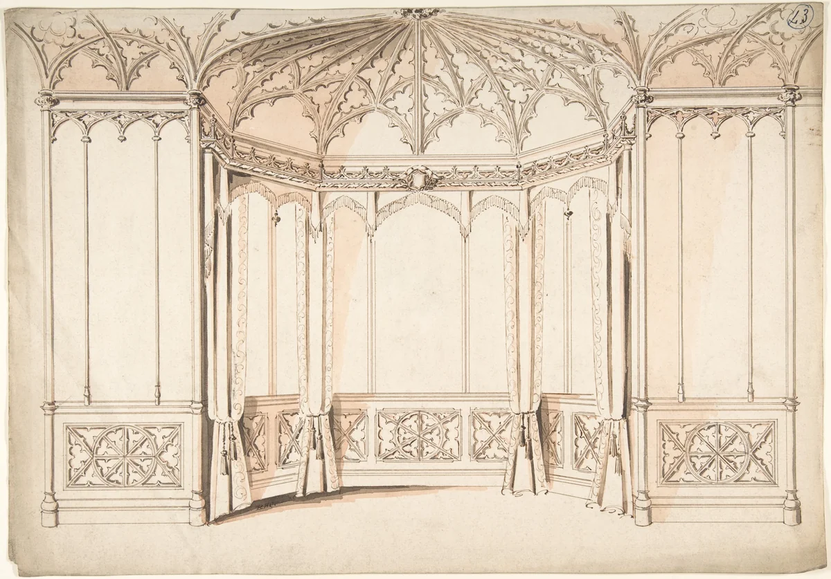 Design for a Gothic Bay Window by Charles Hindley and Sons, drawing, 1841-1900