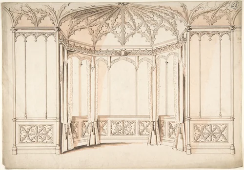 Design for a Gothic Bay Window by Charles Hindley and Sons, drawing, 1841-1900