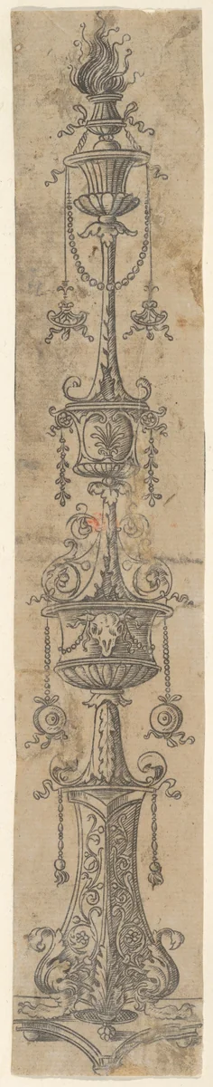 Decorative border panel with flaming candelabra ornamented with foliate designs, swags, and a cow's skull, from Life of the Virgin and Christ by Francesco Rosselli, print, 1490-1500