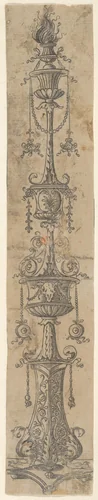 Decorative border panel with flaming candelabra ornamented with foliate designs, swags, and a cow's skull, from Life of the Virgin and Christ by Francesco Rosselli, print, 1490-1500