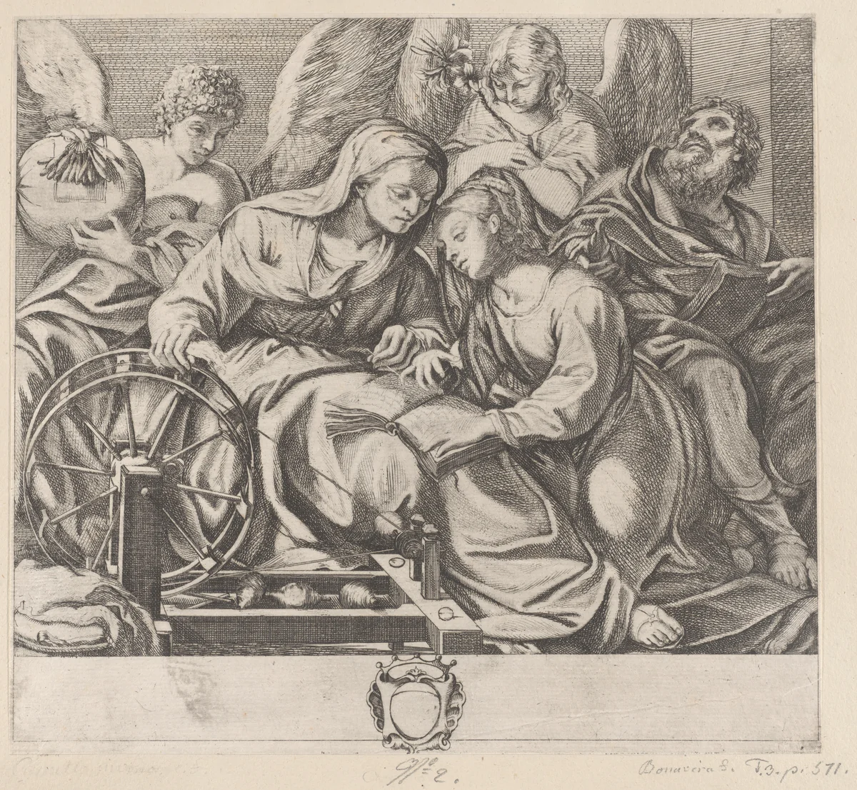 Saint Anne teaches the young Virgin how to read by Domenico Maria Bonavera, print, 1670-1731