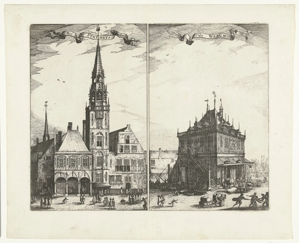 Het Oude Stadhuis en de Waag op de Dam te Amsterdam by Claes Jansz Visscher, print, 1601-1612