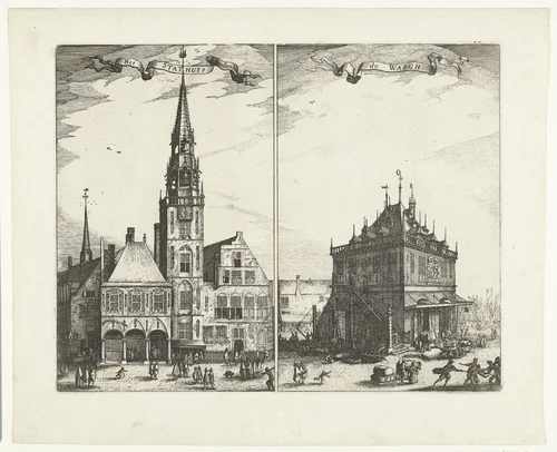 Het Oude Stadhuis en de Waag op de Dam te Amsterdam by Claes Jansz Visscher, print, 1601-1612