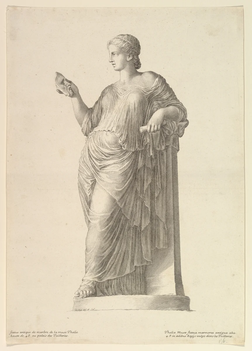 Ancient Statue of the Muse Thalia by Claude Mellan, print, 1669