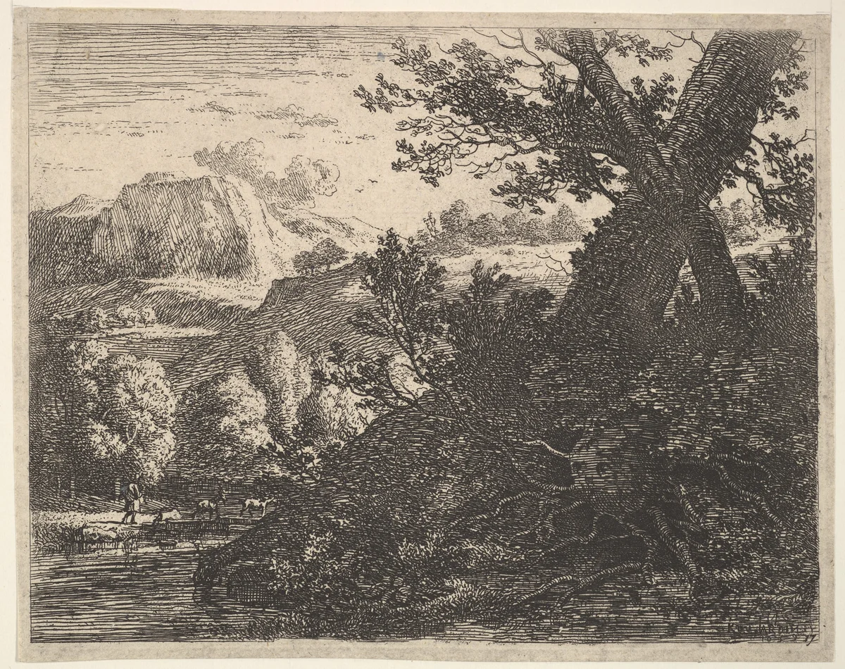 Tree with roots laid bare alongside a stream, a hilly landscape and a man walking behind quadrupeds beyond by Karel Dujardin, print, 1659