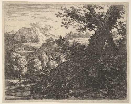 Tree with roots laid bare alongside a stream, a hilly landscape and a man walking behind quadrupeds beyond by Karel Dujardin, print, 1659