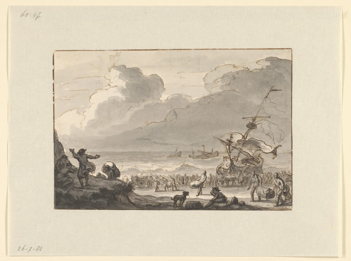 Lading van een schip wordt aan land gebracht by Ludolf Bakhuysen, drawing, 1641-1708