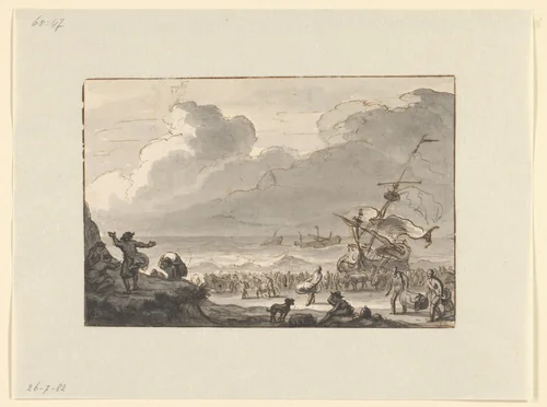 Lading van een schip wordt aan land gebracht by Ludolf Bakhuysen, drawing, 1641-1708