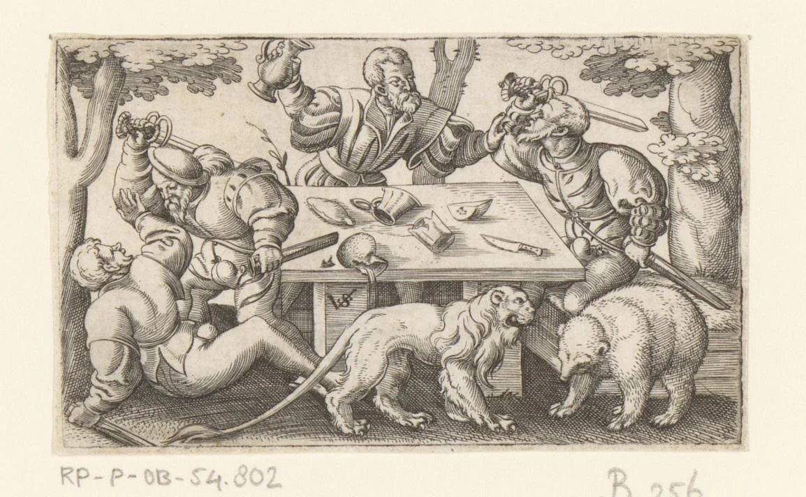 Vier mannen in gevecht rondom een tafel by Unknown, print, 1524-1562