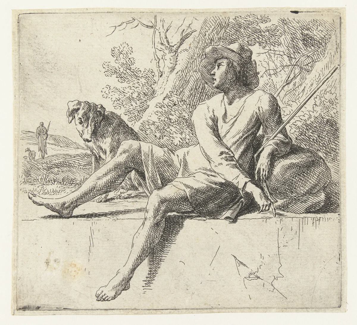 Zittende herder met hond by Nicolaes Pietersz Berchem, print, 1648-1652