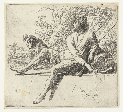 Zittende herder met hond by Nicolaes Pietersz Berchem, print, 1648-1652