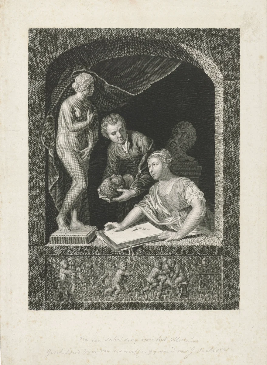 Vrouw tekenend in een venster by Johannes de Mare, print, 1825-1827
