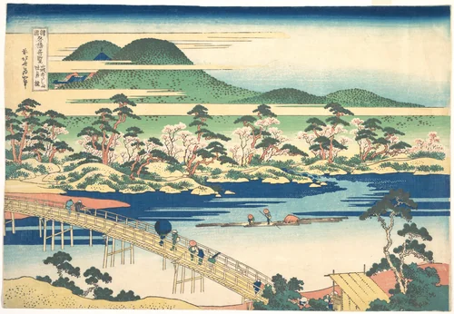 Togetsu Bridge at Arashiyama in Yamashiro, from the series Remarkable Views of Bridges in Various Provinces (Shokoku meikyō kiran) by Katsushika Hokusai (葛飾 北斎), print, 1820-1840