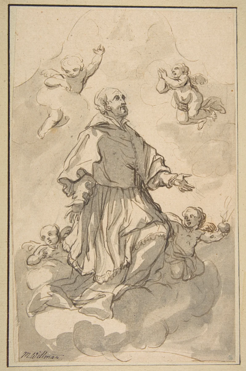 Saint Augustine on Clouds Surrounded by Angels by Johann Jacob Eybelwieser, drawing, 1667-1744