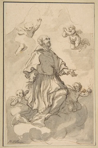 Saint Augustine on Clouds Surrounded by Angels by Johann Jacob Eybelwieser, drawing, 1667-1744