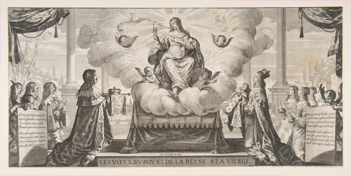 Almanach for 1639: Louis XIII and Anne of Austria Entrusting the Kingdom and the Prince under the Protection of the Virgin by Abraham Bosse, print, 1639