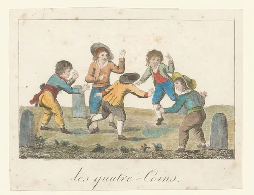 Kinderen spelen een spel de vier hoeken by anonymous, print, 1800-1899