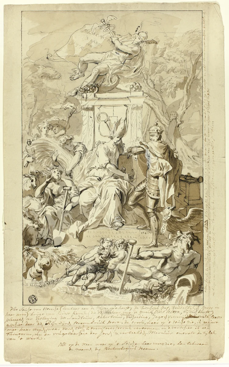 Design for Title Page of the Groot Placaatboek: Allegory of the Submission of the City of Utrecht to Emperor Charles V by Jan Wandelaar, drawing, 1729