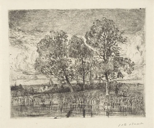 Drie bomen aan een oever by Augustinus Jacobus Bernardus Wouters, print, 1839-1904