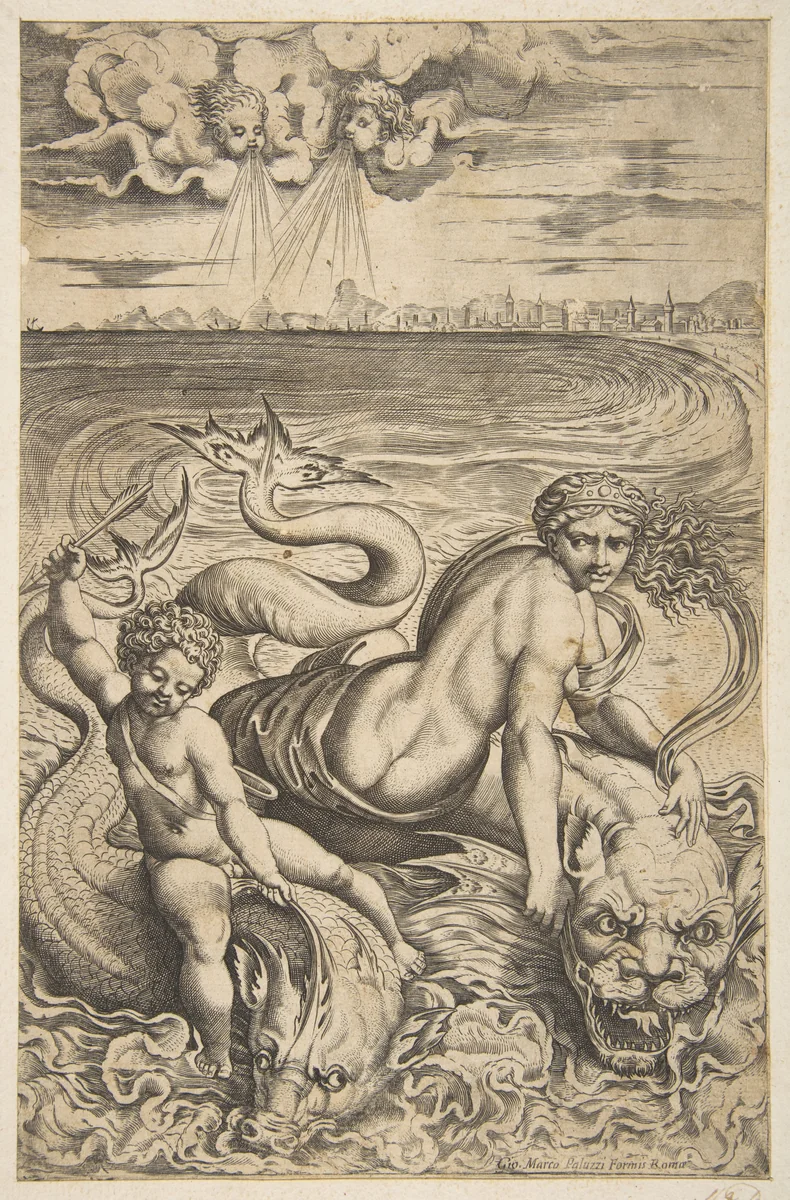 Venus and Cupid riding two sea monsters, Cupid raises an arrow in his right hand, two heads representing wind in the clouds above by Marco Dente, print, 1510-1532