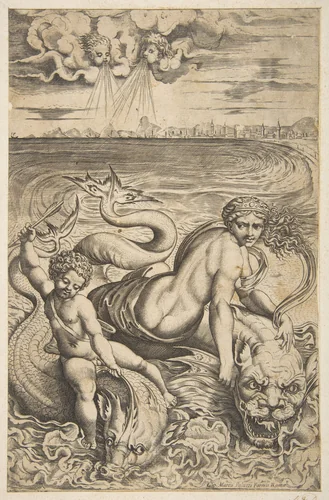 Venus and Cupid riding two sea monsters, Cupid raises an arrow in his right hand, two heads representing wind in the clouds above by Marco Dente, print, 1510-1532