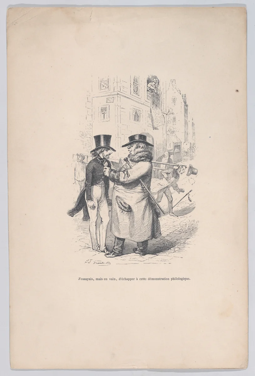 I tried to escape from this philological discussion, from "Little Miseries of Human Life" by J. J. Grandville, print, 1843