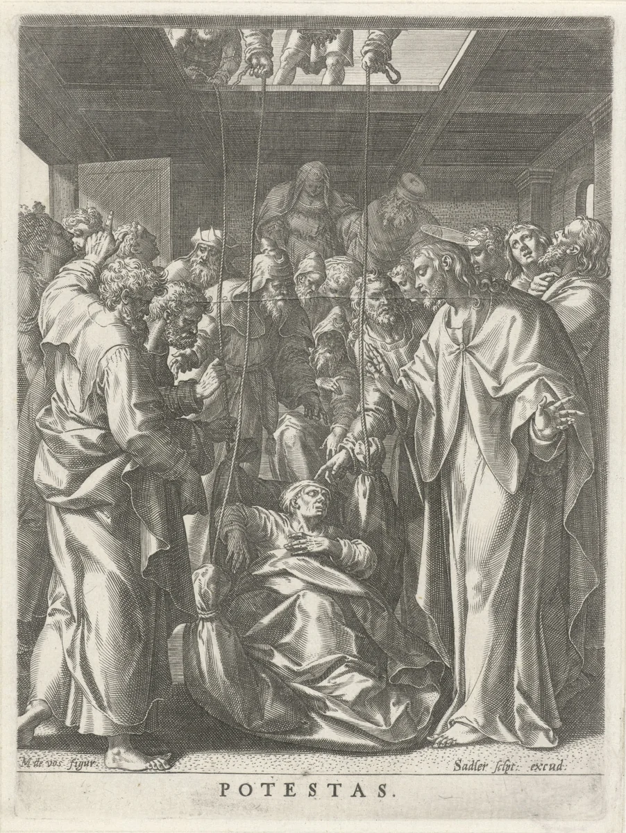 Christus geneest een verlamde man die door het dak werd neergelaten: kracht by Unknown, print, 1585-1588