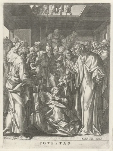 Christus geneest een verlamde man die door het dak werd neergelaten: kracht by Unknown, print, 1585-1588