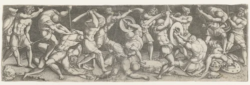 Gevecht tussen Romeinse soldaten by Monogrammist AC, print, 1520-1562
