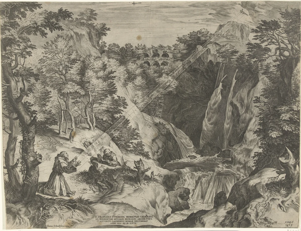 Franciscus ontvangt de stigmata by Unknown, print, 1567