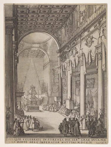 Catafalque of the Emperor Mathias with performance of funeral inside the Church of San Lorenzo, Florence by Jacques Callot, print, 1619