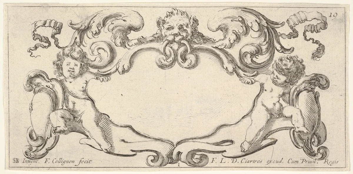 Plate 1: a cartouche with a lion head with wings at top center, a putto holding a blank escutcheon to either side, from "Twelve cartouches" (Recueil de douze cartouches) by François Collignon, print, 1640-1645