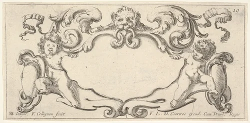 Plate 1: a cartouche with a lion head with wings at top center, a putto holding a blank escutcheon to either side, from "Twelve cartouches" (Recueil de douze cartouches) by François Collignon, print, 1640-1645