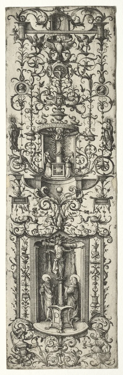 Ornamental fillet with the crucifixion and the virgin and child by Daniel Hopfer, print