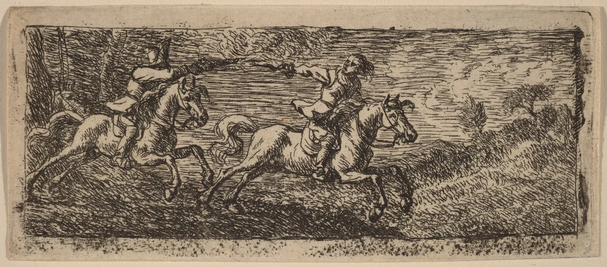 Two Horsemen Fighting by Pieter van Laer, print, 1592-1642