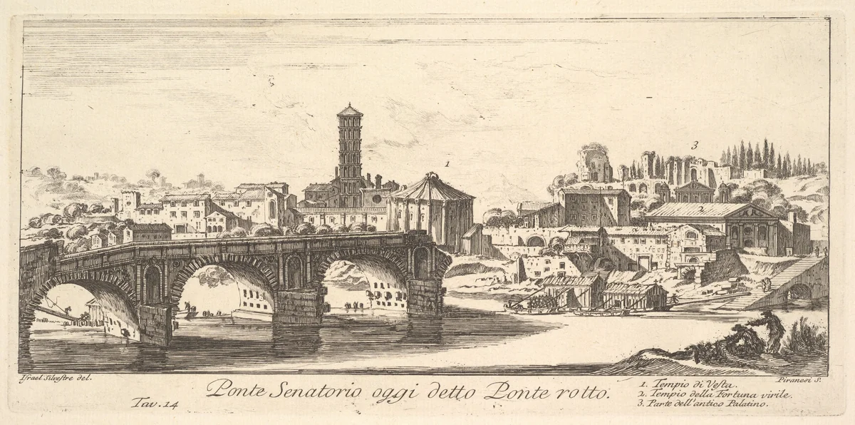 Plate 14: Senatorial Bridge, today called the Ponte Rotto (Broken Bridge). 1. Temple of Vesta. 2. Temple of Fortuna Virilis. 3. Part of the ancient Palatine. (Ponte Senatorio oggi detto Ponte rotto), from "Antichità Romane de' Tempi della Repubblica, e de' primi Imperatori" by Giovanni Battista Piranesi, print, 1743-1753