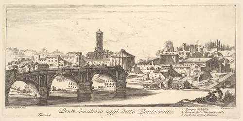 Plate 14: Senatorial Bridge, today called the Ponte Rotto (Broken Bridge). 1. Temple of Vesta. 2. Temple of Fortuna Virilis. 3. Part of the ancient Palatine. (Ponte Senatorio oggi detto Ponte rotto), from "Antichità Romane de' Tempi della Repubblica, e de' primi Imperatori" by Giovanni Battista Piranesi, print, 1743-1753