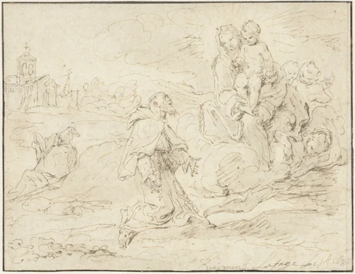 Heilige Antonius van Padua knielend in een landschap by Raymond de Lafage, drawing, 1682