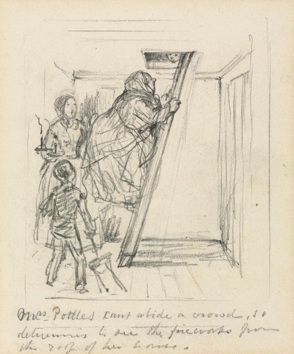 Sketch for "Mrs. Pottles Can't Abide a Crowd" by John Leech, drawing, 1856