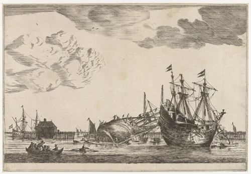 Twee schepen liggen klaar voor reparatie by Reinier Nooms, print, 1650-1664