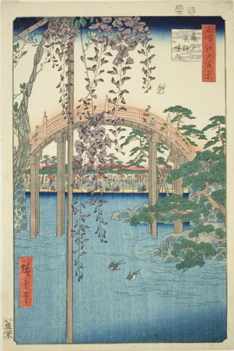 Precincts of Kameido Tenjin Shrine (Kameido Tenjin keidai), from the series "One Hundred Famous Views of Edo (Meisho Edo hyakkei)" by Utagawa Hiroshige (歌川広重), print, 1856